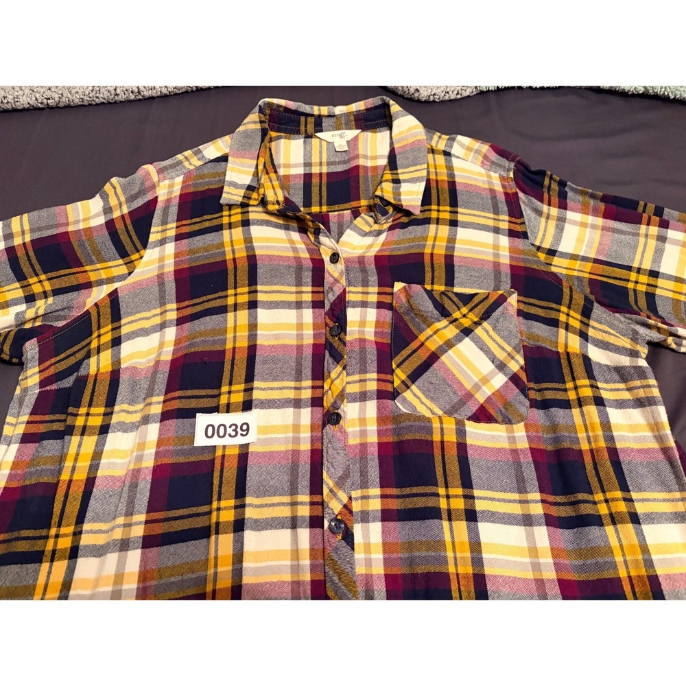 Terra & Sky Plaid Button Down Shirt Yellow Burgundy Flannel 2X 20W-22W 0039